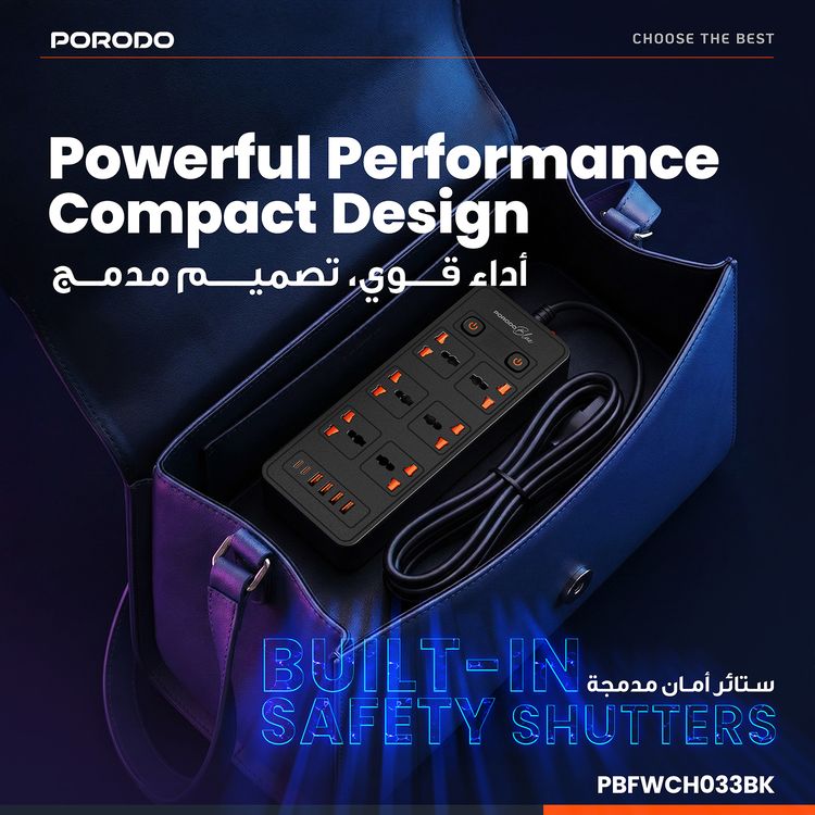 Porodo 6 AC Sockets Power Strip with ×4 USB-A & ×2 USB-C Ports, 3000W Rated Power, Premium Material, 3m Cable Length, UK 3-Pin Power Plug, Dual Power Switch Control, Safety Shutter, 13A Maximum Current - Black  