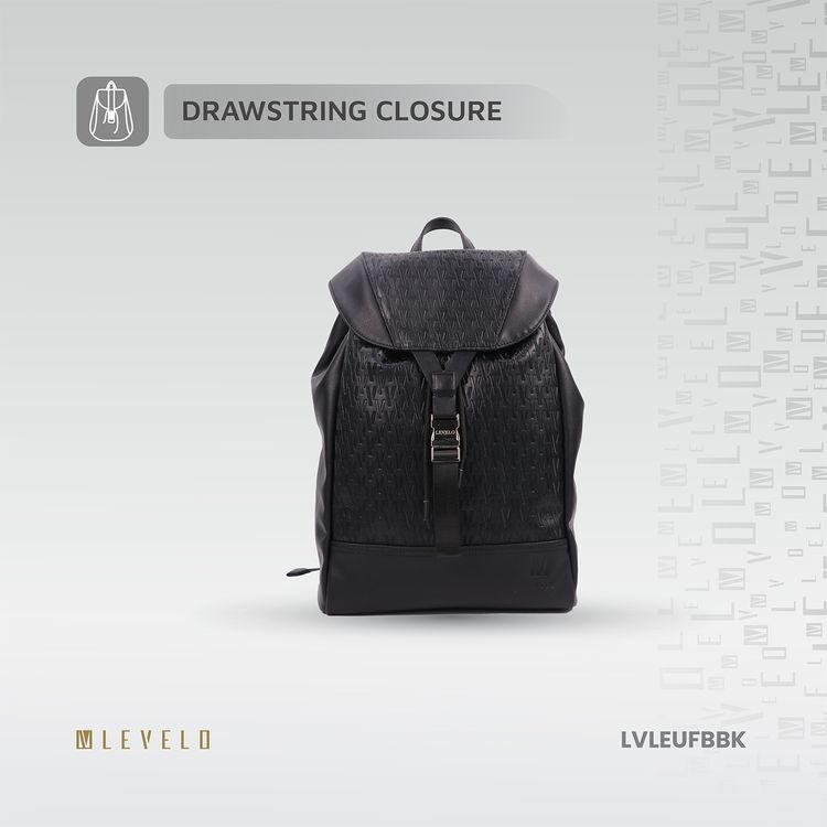 Levelo Envol Universal Fashion Backpack with Premium Leather Material, Scratch Resistant, Lightweight Design, Push Buckles, Drawstring Closure, Multiple Compartments - Black