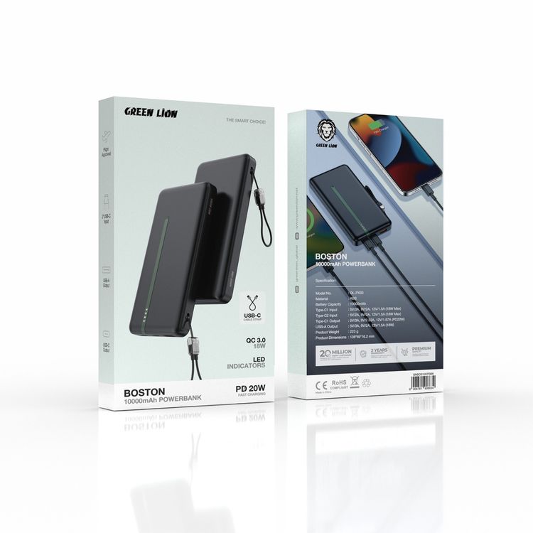 باور بانك جرين ليون بوسطن بسعة 10000 مللي أمبير مع مؤشرات LED، منافذ USB-A ومنفذين USB-C مزدوجين، يتضمن حزام كابل USB-C، مصنوع من مادة ABS، معتمد للطيران، شحن سريع، توصيل طاقة بقوة 20 واط وإخراج USB-A بقوة 18 واط - لون أسود