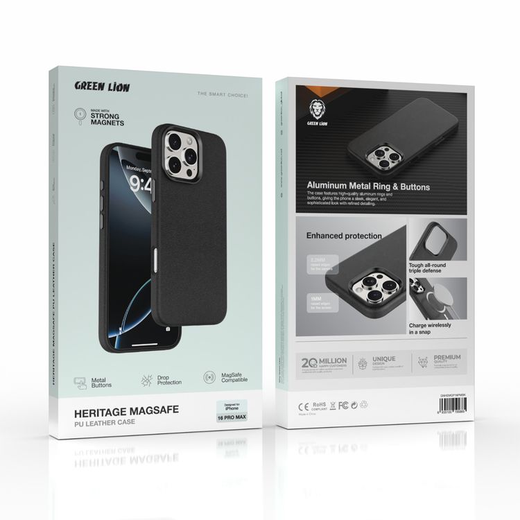 Green Lion Heritage Magsafe Leather case For iPhone 16 Pro Max, Camera Protection, Metal Buttons, Anti Scratch - Black