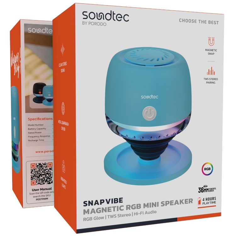 Porodo Snap Vibe Magnetic RGB Mini Speaker, Up to 4 Hours Play Time, Metal Diaphragm Driver, Bluetooth Version 5.4, USB-C Charging Port, 500mAh Battery, ABS Material, 10m Transmission Range - Blue