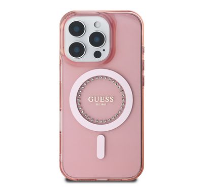 GUESS MagSafe IML Hard Case with Rhinestones Design for iPhone 16 Pro, Easy Snap-On, Drop Protection, Slim Profile - Pink