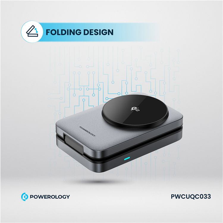Powerology 3-in-1 Foldable Wireless Magnetic Charging Hub, Fast Charging, Multi-Device, Horizontal & Vertical View, Type-C Input Interface, Lightweight & Portable, Qi2 for iPhone 15 & 16, 15W Magsafe Power, 2.5W Watch Power, 5W Earbuds Power, 9V/3A & 12V3A Input, Foldable Design - Black