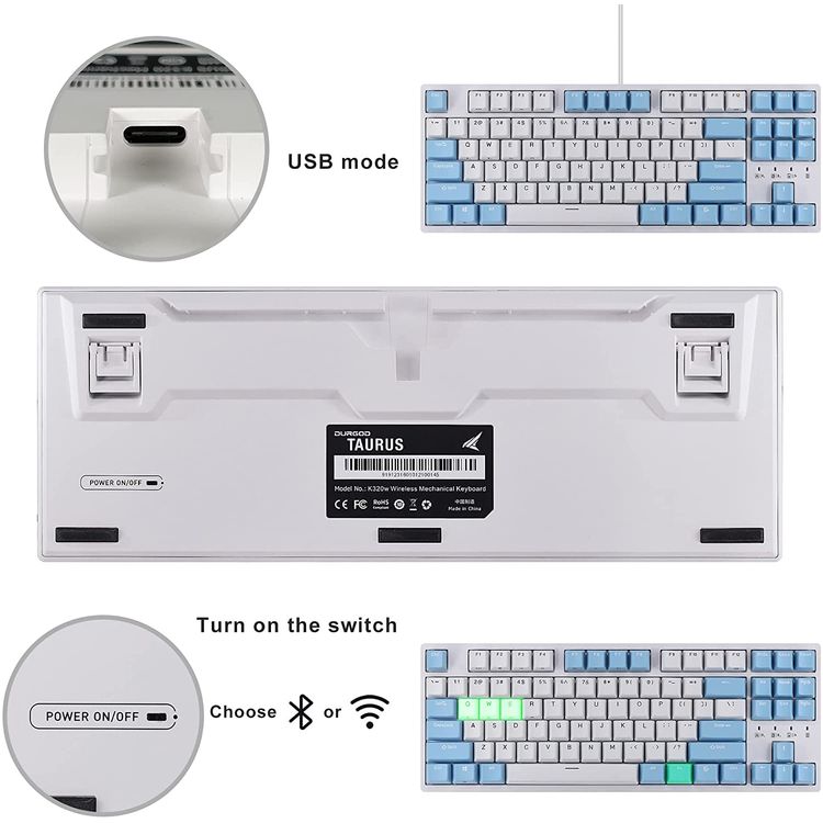 Durgod Taurus K320 TKL Wireless Mechanical Gaming Keyboard  - DoubleShot PBT NKRO (Cherry Red,Brown) - White/Light Blue