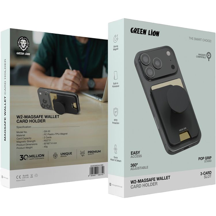 Green Lion W2-MagSafe Wallet with Card Holder, RFID Protection, Easy Access, Quick Attach & Detach, PopGrip Stand, Strong Magnets - Black
