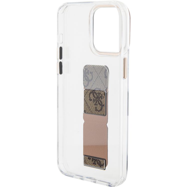 Guess Grip stand Clear Case with 4G Script Logo for iPhone 15 Series - Brown - iPhone 15 Pro Max