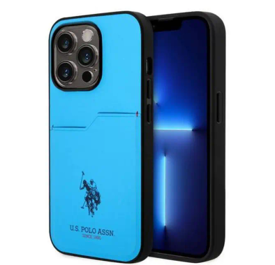 يو اس بولو اسن. كفر حماية صلب بفتحة بطاقة PU - أزرق - لهاتف iPhone 15 Pro Max