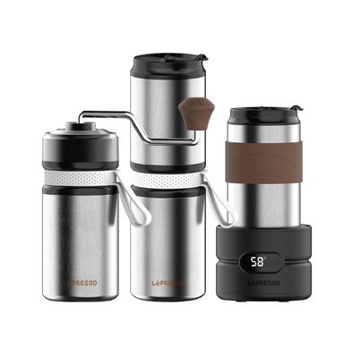 LePresso طقم قهوة خارجي 3 في 1 مع ماكينة تقطير القهوة، مطحنة وغلاية ماء، سعة كوب حبوب 20 جرام وكوب قهوة 150 مل، قوة مصنفة 13 واط، وظيفة تسخين الماء، إعدادات طحن قابلة للتعديل - فضي
