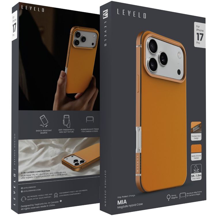 Levelo Mia MagSafe Hybrid Case for iPhone 17 Pro, N52 Strong Magnets, Matte Silicone Texture Material, Frosted Clear Design, 1.5m Drop Tested, Aluminum Alloy Frame for Camera & Edges, Non-Slip Texture, Comfortable Grip, Shock-Resistant Bumper - Sunrise Orange