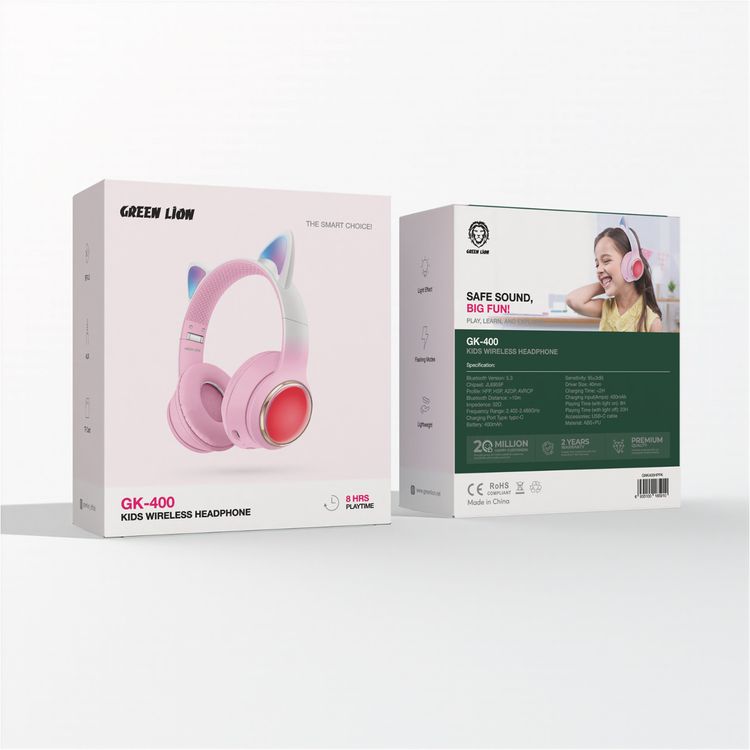 Green Lion GL-400 Kids Wireless Headphones with Light Effect & Flashing Modes, Up to 20 Hours Working Time, Bluetooth Version 5.3, Lightweight Design - Pink