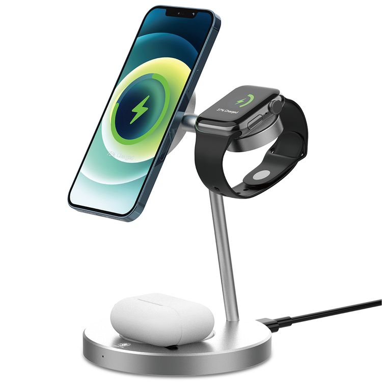 Green Lion 3-in-1 Wireless Charger with 15W Maximum Wireless Output, Aluminum Alloy Material, 2.5W Watch Output, Built-in Safeguards, Simultaneous Charging, Wide Compatibility - Silver