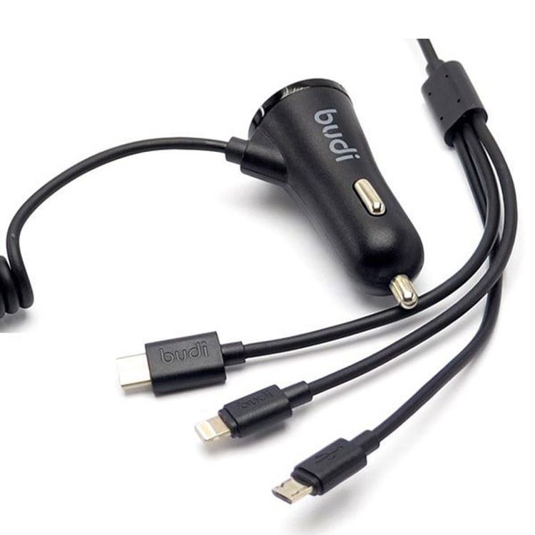 Budi M8J068T3 Car Charger / 17W Lightning / Micro USB / USB Type-C - Black