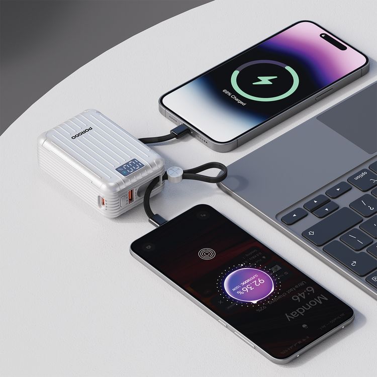 Porodo Petite 20000mAh Power Bank with Integrated Type-C & Lightning Cable, PD 20W, USB-A & USB-C Ports, Fast Charge Support, Digital Display, Universal Compatibility - Silver