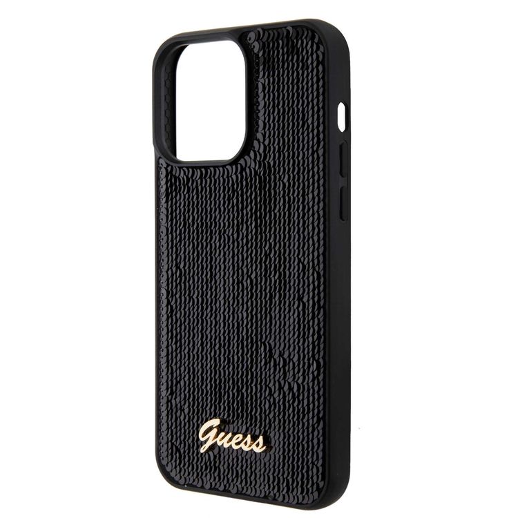 حافظة Guess Sequin Script مع شعار Guess Metal - أسود - iPhone 15 Pro Max