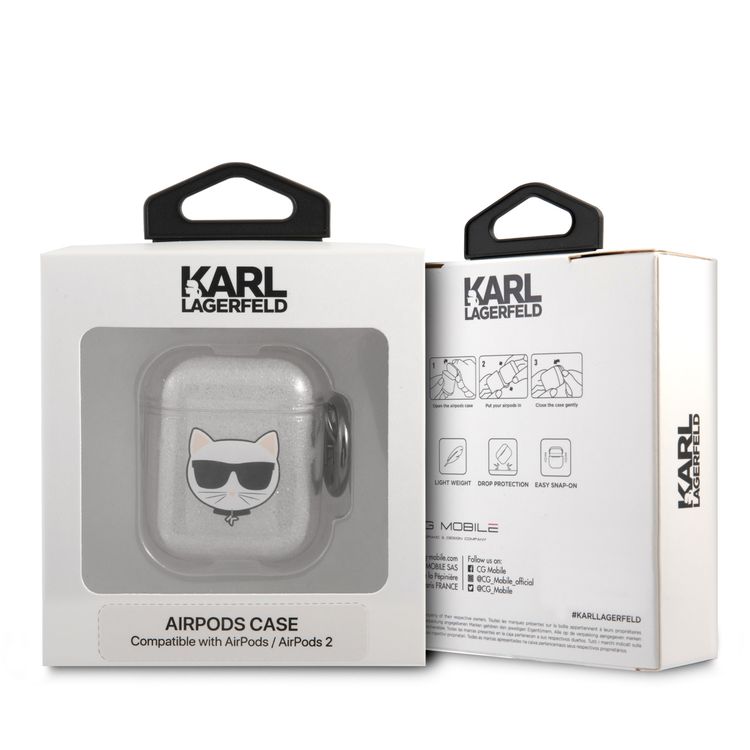 CG Mobile Karl Lagerfeld TPU Glitter Printed Embossed Choupette with Ring Case Compatible with AirPods 1 & 2, Scratch & Drop Protection Cover Officially Licensed - Silver