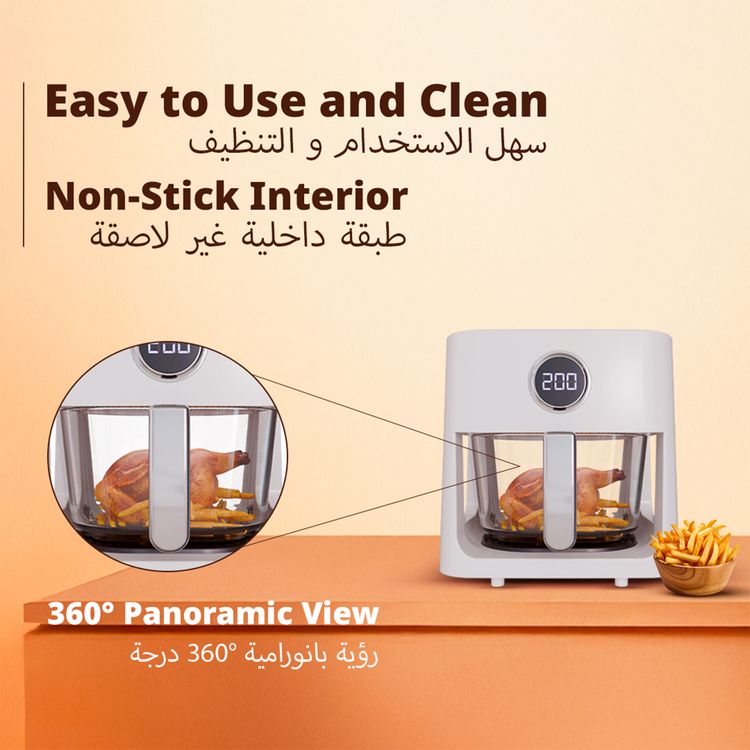 Porodo Lifestyle Glass Pot Air Fryer with 5L Capacity, Up to 60 Minutes Timer, 8 Presets, 360° Panoramic View, 1200W Rated Power, Food-Grade Glass Spot, Touch Panel - White