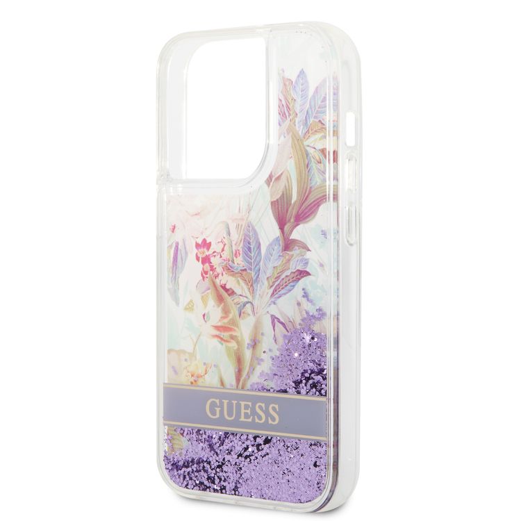 Guess Liquid Glitter Case with Flower Pattern Extra Shine Smooth Touch Feel iPhone 14 Pro Max Compatibility - Purple