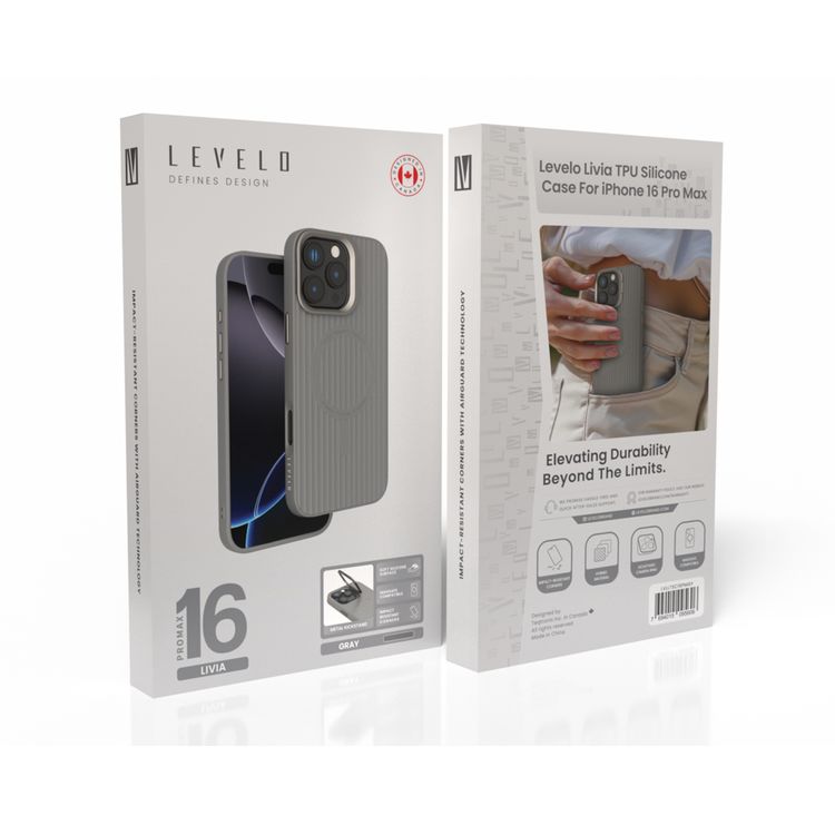 Levelo Livia Case for iPhone 16 Pro Max with MagSafe Compatibility, Impact-Resistant Corners, Built-in Kickstand, TPU with Silicone Surface, Metal Camera Ring - Gray