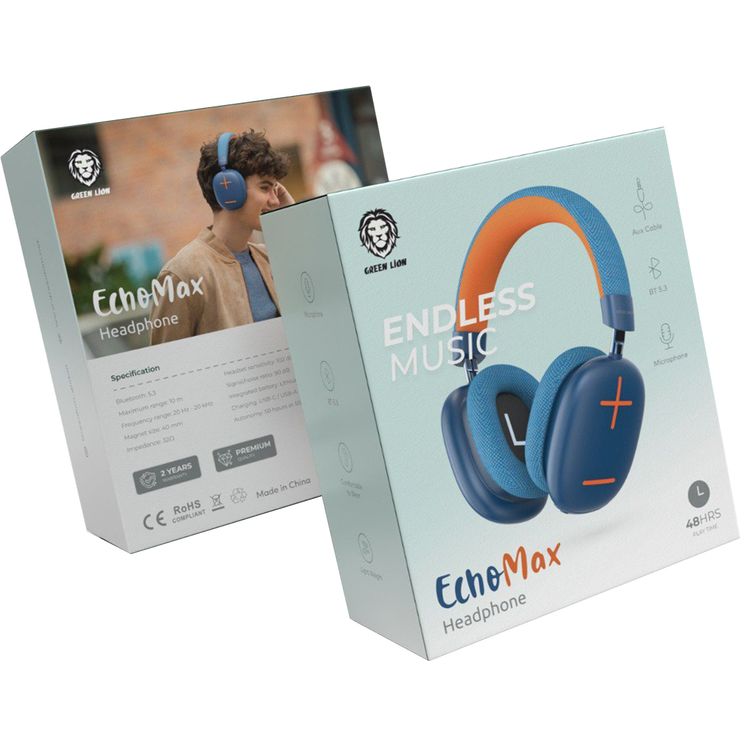 Green Lion Echo Max Wireless Headphones, Comfortable To Wear, Built-in Microphone, Lightweight, 40mm Magnet Size, 10m Maximum Range, 48 Hours Play Time - Blue