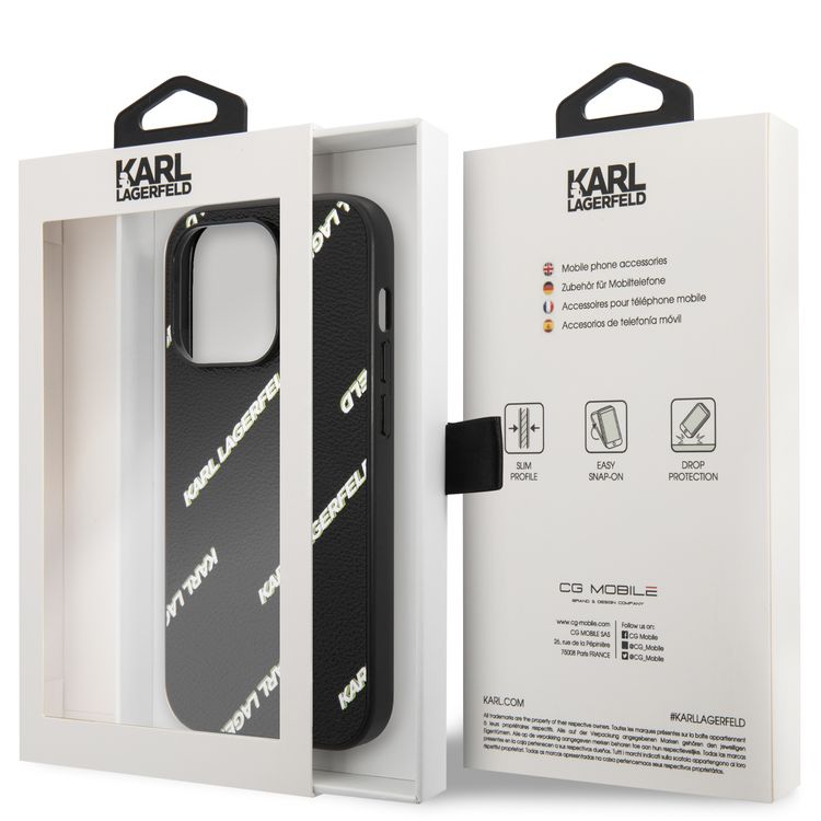 Karl Lagerfeld Grained PU Leather Case with Logomania Pattern iPhone 14 Pro Max Compatibility - Black
