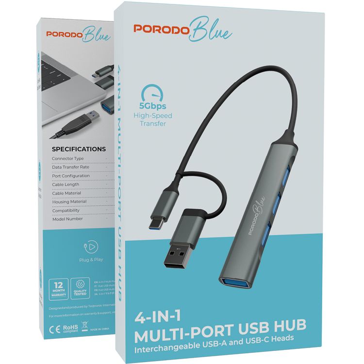 بورودو بلو 4 في 1 محور منافذ USB متعدد مع رؤوس قابلة للتبديل بين USB-A وUSB-C، مصنوعة من سبيكة الألومنيوم، مادة الكابل PVC، طول الكابل 10 سم، دعم متعدد الأجهزة، نقل بيانات فائق السرعة، توصيل وتشغيل - رمادي