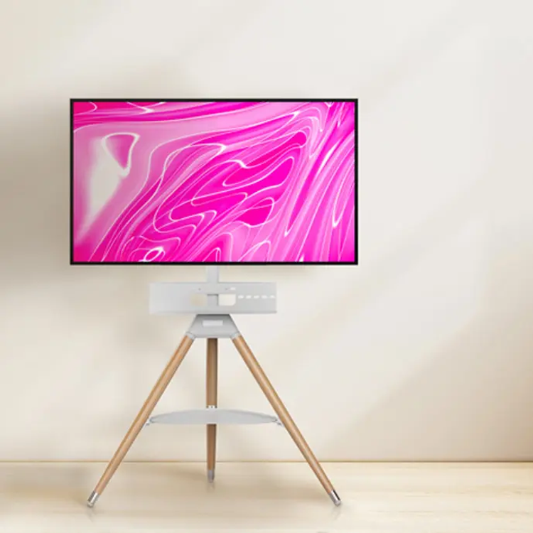 Porodo Wooden Tripod TV Stand with 35kgs Maximum Weight Capacity, 32"-65" Screen Compatibility, Media Device Storage, VESA Compatibility - White