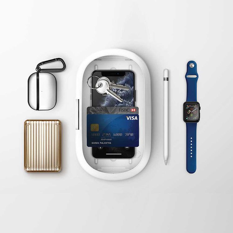 صندوق التعقيم بالأشعة فوق البنفسجية المحمول للهواتف الذكية Viva Madrid Vanguard Vault Pro مع شاحن لاسلكي 10 وات - أبيض