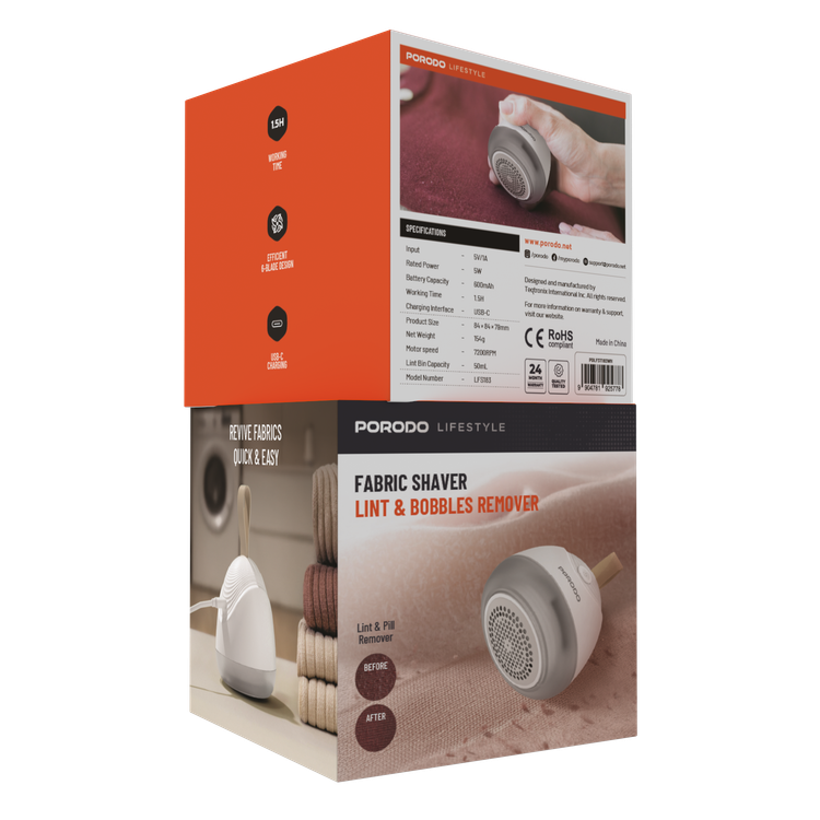 Porodo Lifestyle Fabric Shaver Lint & Bobbles Remover with Efficient 6-Blade Design, 5W Rated Power, 600mAh Battery Capacity, 1.5 Hours Working Time, USB-C Charging Interface, 7200RPM Motor Speed, 50mL Lint Bin Capacity - White