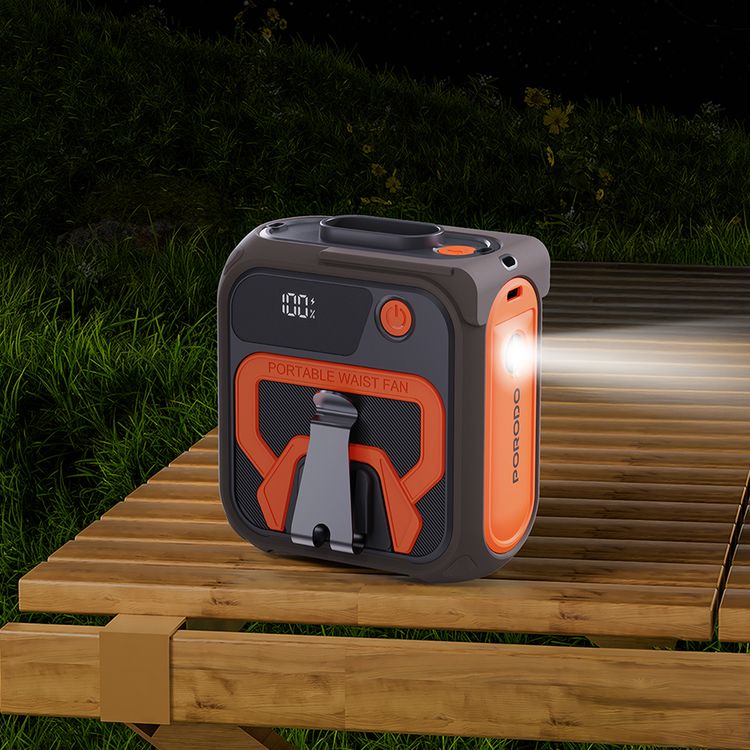 Porodo Lifestyle Multifunction Cooling Waist Fan with 10000mAh Power Bank, Flash Light, Powerful Wind, Digital Display, 5 Speed Levels, 40 Hours Working Time, 4 Hours Charging Time, Neck Strap - Orange / Brown