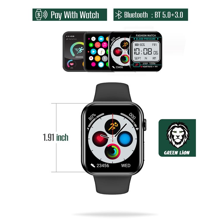 Green Lion Active Pro Smart Watch with Silicone Strap Included, Double Tap Function, Waterproof, Full Round Display, 230mAh Battery Capacity, Long Battery Life - Black