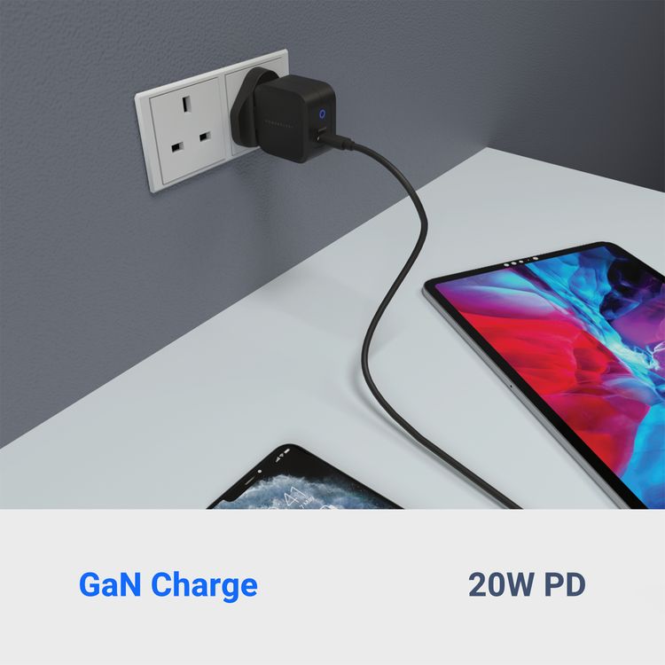 Powerology Ultra-Compact GaN Charger with 20W Power Delivery, UK 3-Pin Plug, Built-in Safeguards, USB-C Fast Charging, 0%-60% Charge in 35 Minutes - Black