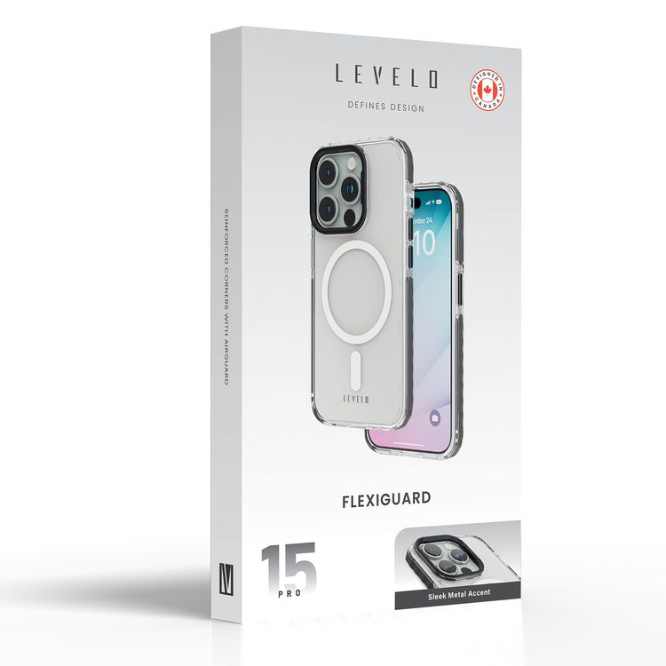 Levelo FlexiGuard MagSafe Transparent Case for iPhone 15 Pro, High Transparency Clear Back Cover, Shock Proof Edges, 3H Anti Scratch, MagSafe Compatibility,  Bumper Protection, Metal Lifted Camera Ring - Black