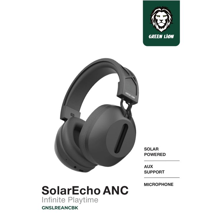 Green Lion SolarEcho ANC Over-Ear Headphones, Up to 30 Hours Talking Time, 10m Working Distance, 40mm Speaker Size, Microphone Available, AUX Support - Black