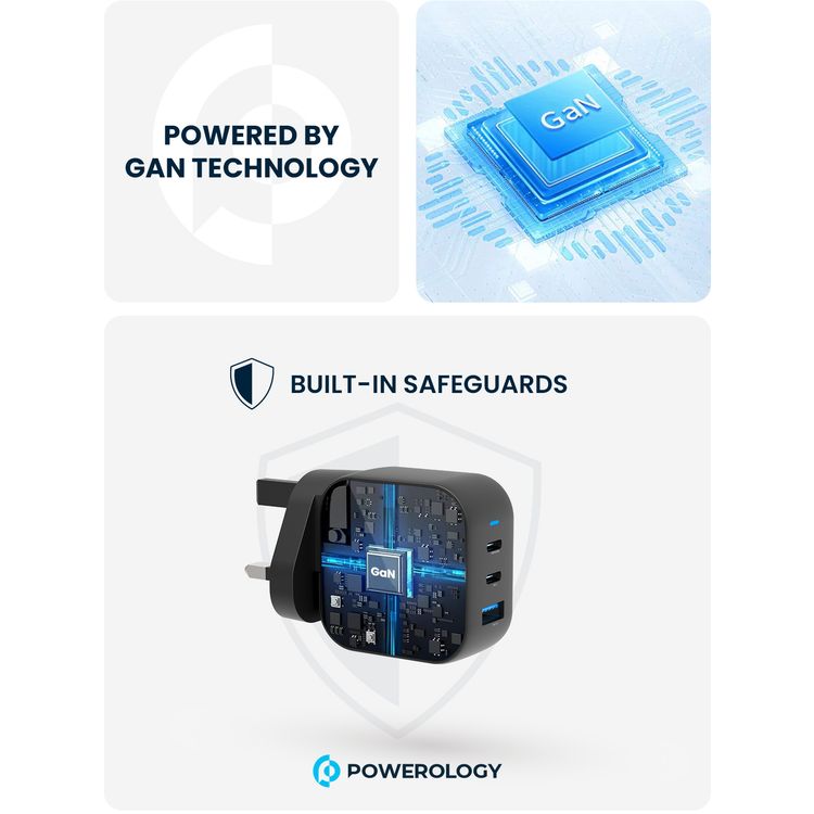 Powerology GaN Ultimate Dual PD Wall Charger with 65W Power Delivery, Compatible with Laptops, Quick Charge 3.0, Built-in Safeguard - Black