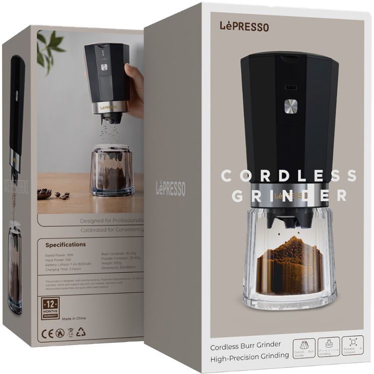 LePresso Rechargeable Coffee Grinder with 35g Capacity, 40 Cups per a Single Charge, 420ss High-Grade Steel, 800mAh Battery, 18W Rated Power - Black