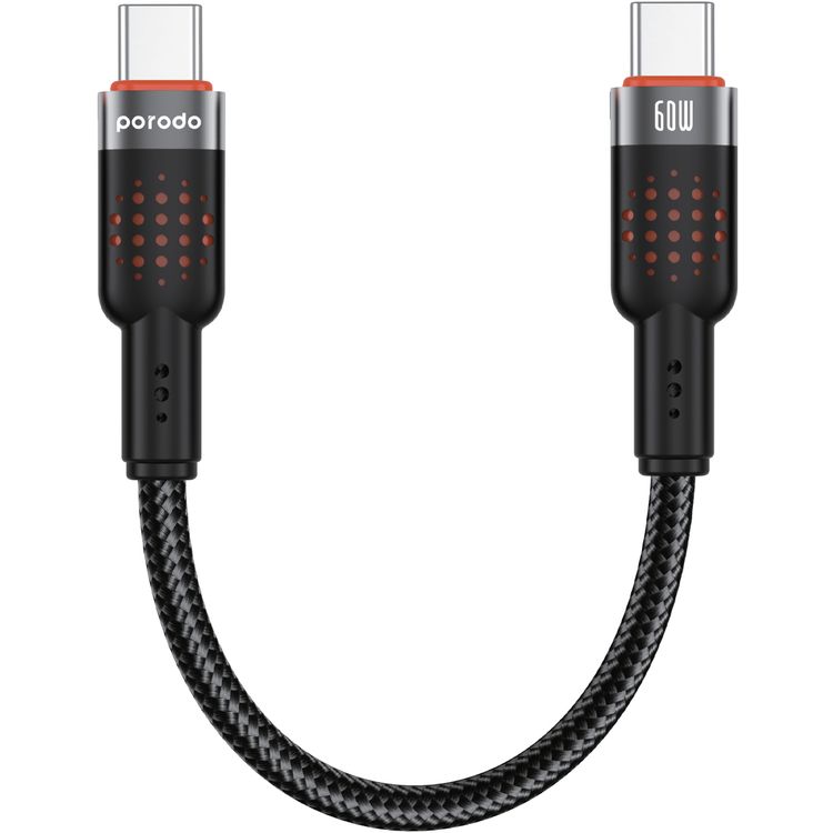 Porodo  Aluminum Alloy 25cm Braided Cable Type-C to C, PD 60W, 480Mbps Transfer Speed, more than 15000 Bends Life Span, Tangle Free - Black