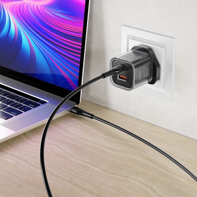 Porodo TEZCLARTÉ Quick Wall Charger with Dual Port Fast Charging, Flame Retardant Housing, Transparent Design, PD 30W USB-C Output, QC 20W USB-A Output - Black 