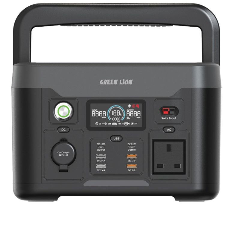 Green Lion PGX600 Power Station with LCD Display, 4 × USB-A & 2 × USB-C Ports, 10W Wireless Output, 910W Total Output, Fast Recharging, 65W Power Delivery - Black