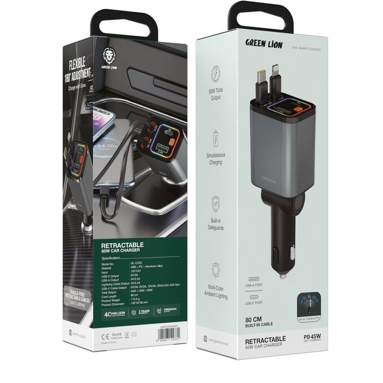 Green Lion Retractable 65W Car Charger with Simultaneous Charging, Built-in Safeguards, Multi-Color Ambient Lighting, Swivel Charging Port, Tangle-Free Retractable Cable, 80cm Built-in Cable, USB-A & USB-C Ports, ABS + PC + Aluminum Alloy Material - Gray