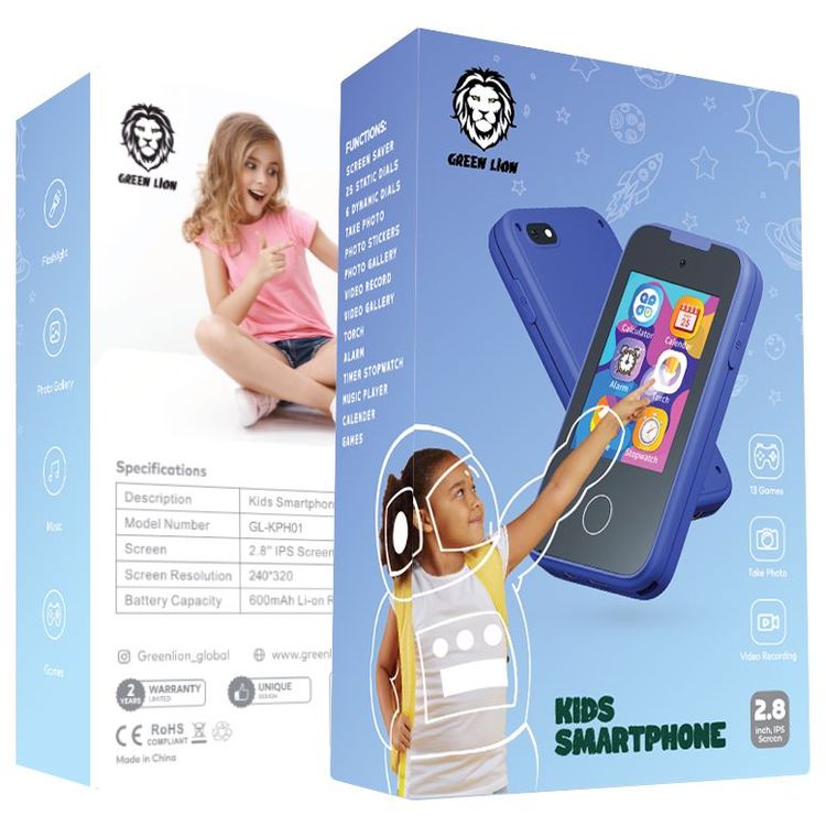 Green Lion Kids Smartphone with 2.8" IPS Screen, 13 Pre-Loaded Games, 600mAh Battery Capacity, Photo & Video Capture, 240×320p Screen Resolution - Blue