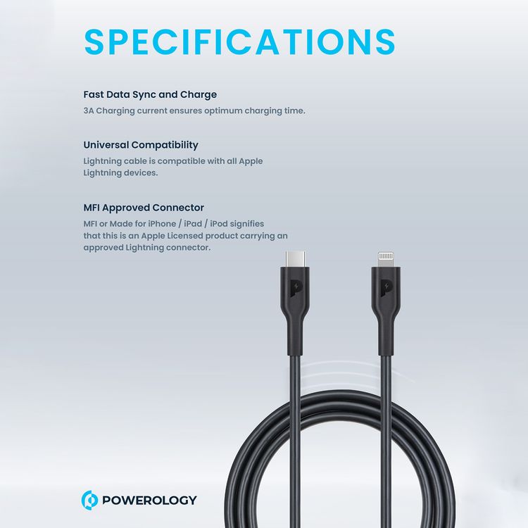 Powerology USB-C to Lightning Cable with 20W Power Delivery, 1.2m Cable Length, PVC Material, Universal Compatibility, Fast Data Sync & Charge - Black
