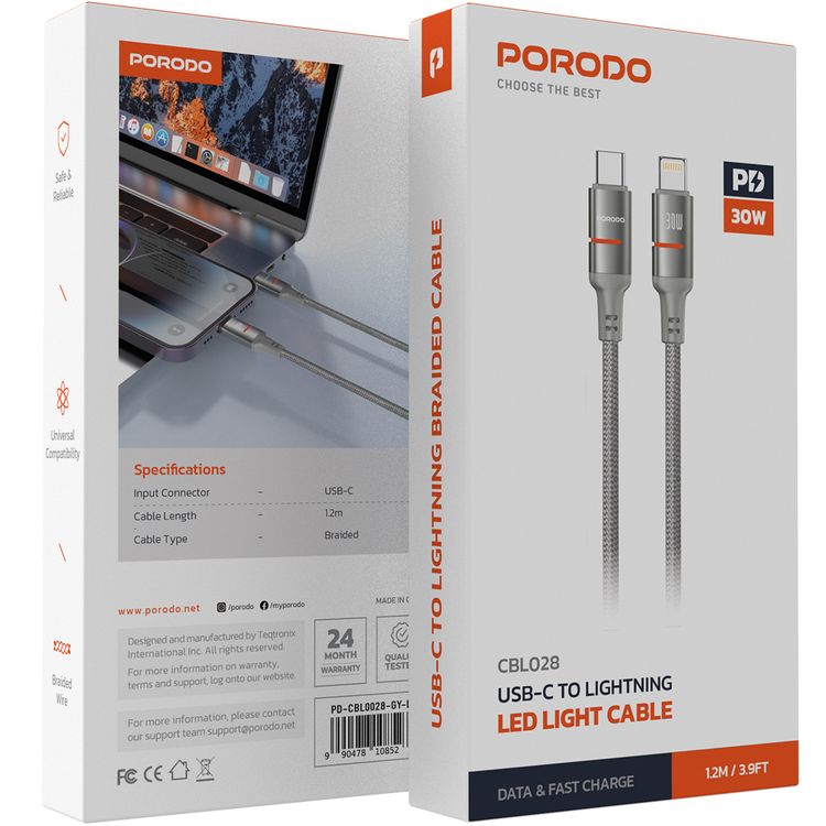 كابل بورودو USB-C إلى Lightning مع إضاءة LED بقدرة 30 واط، سرعة نقل 480 ميجابت في الثانية، طول الكابل 1.2 متر، شحن سريع ونقل بيانات، سلك مضفر - رمادي