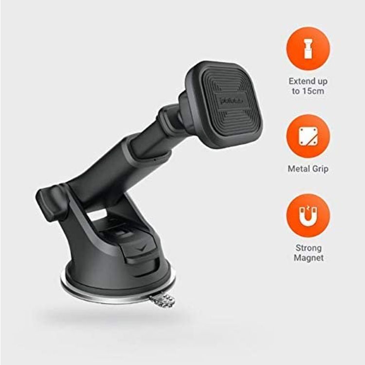 Porodo Aluminum Magnetic Car Mount ( Extendable up to 15cm / Suction Base / 360 Rotate ) Compatible for All Mobile Phone Devices, Metal Grip, Strong Magnet Phone Holder, Easy