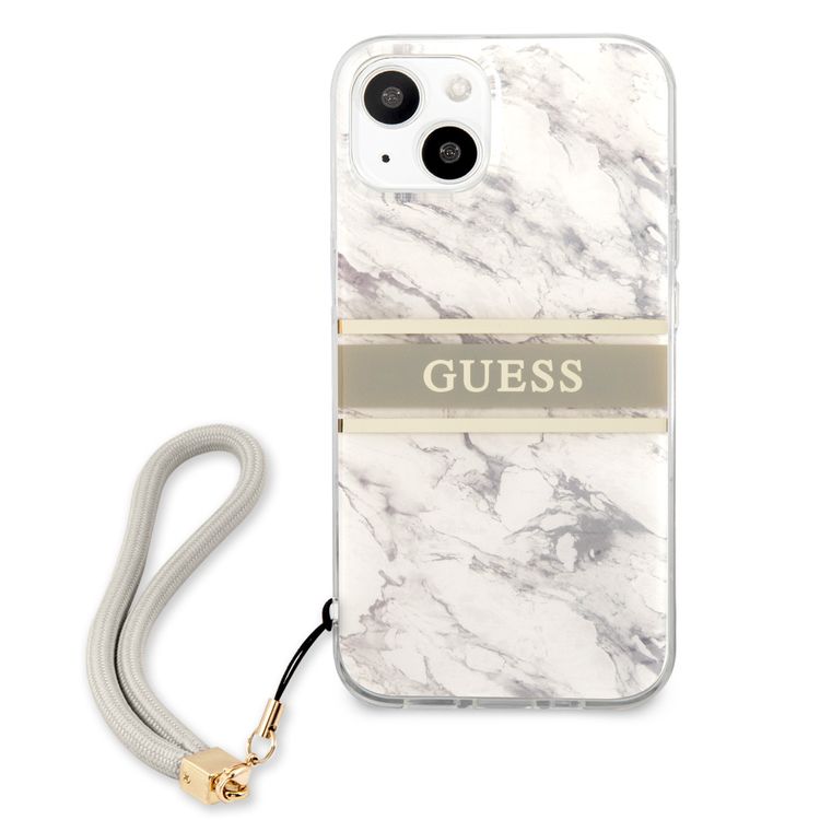 CG MOBILE Guess PC/TPU Case Marble Design & Stripe with Anti-Lost Nylon Strap for iPhone 13 (6.1") Shock Absorption & Drop Protection Suitable with Wireless Chargers Officially Licensed Gray