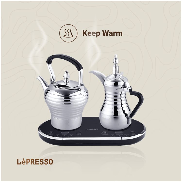 LePresso Electrical Arabic Coffee and Tea Dallah with Over-Heat Protection, 800mL Tea Pot Capacity, 750mL Coffee Pot Capacity, Simultaneous Preparation, Keep Warm   - Silver