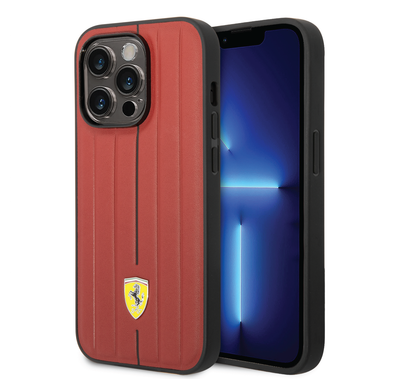 Ferrari Leather Case With Embossed Stripes & Yellow Shield Logo - iPhone 14 Pro Max - Red
