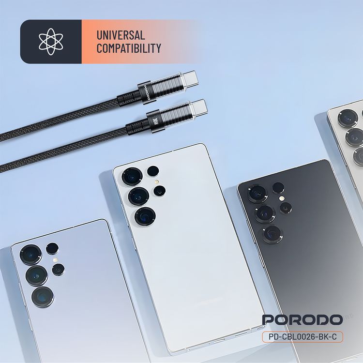 كابل USB-C إلى USB-C شفاف من Porodo، بطول 1.2 متر، متوافق عالميًا، PD 60 وات، آمن ومضمون، شاحن سريع للبيانات - أسود
