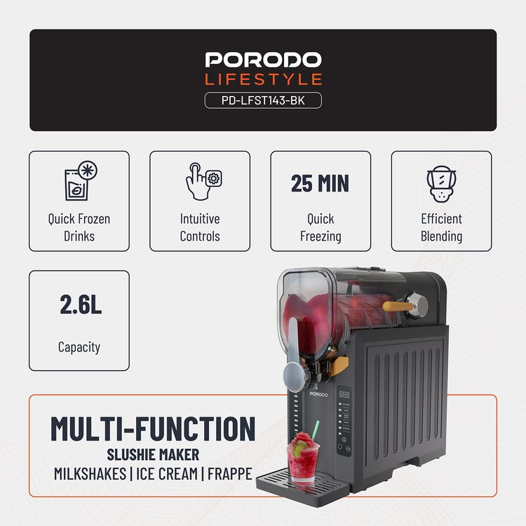 Porodo Lifestyle Multifunction Slushie Maker with 2.6L Capacity, 200W Rated Power, 220-240V Rated Voltage, 50Hz Rated Frequency, 3-Pin UK Plug, Instant Frozen Drinks, Intuitive Controls, Efficient Blending - Black