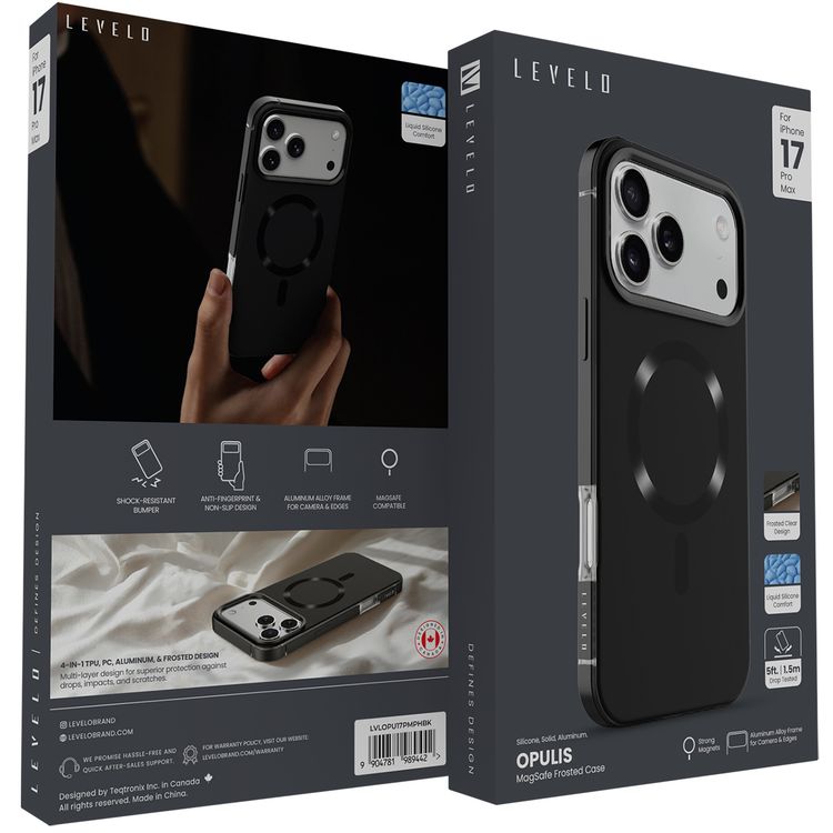 Levelo Opulis MagSafe Frosted Case for iPhone 17 Pro Max, Liquid Silicone Comfort, Anti-Scratch, Aluminum Alloy Frame for Camera & Edges, Anti-Fingerprint, Strong Magnets, Multi-Layer Design, Shock-Resistant Bumper, Non-Slip Surface - Phantom Black