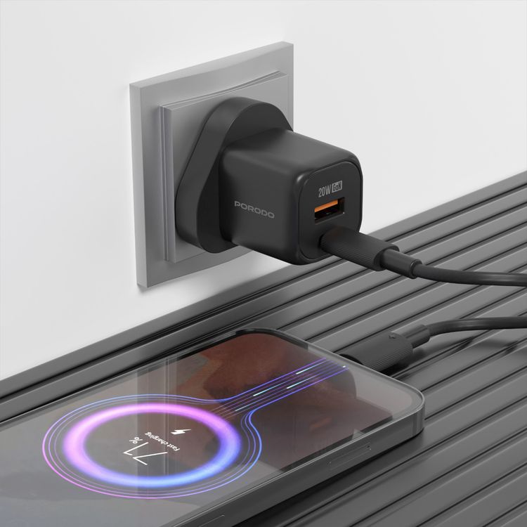 Porodo Dual Port Wall Charger with USB-C to Lightning Cable, Over-Heat Protection, Simultaneous Charging, Reliable Companion - Black